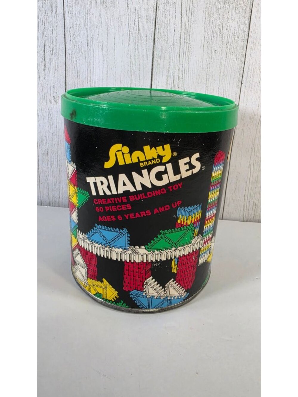 VINTAGE 1980S SLINKY TRIANGLES BUILDING TOYS SNAP 55 PC SET RARE RETRO GREEN CAN